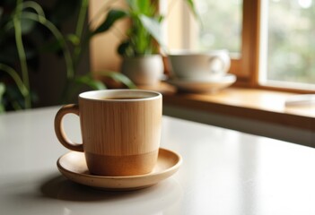 Ceramic coffee cup with saucer placed on a white table near a window