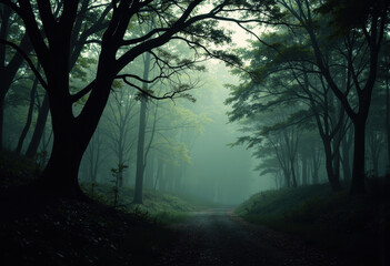 Naklejka premium Serene forest pathway surrounded by tall trees and misty atmosphere
