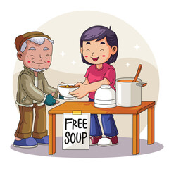 Volunteer Serving Free Soup to Elderly Person