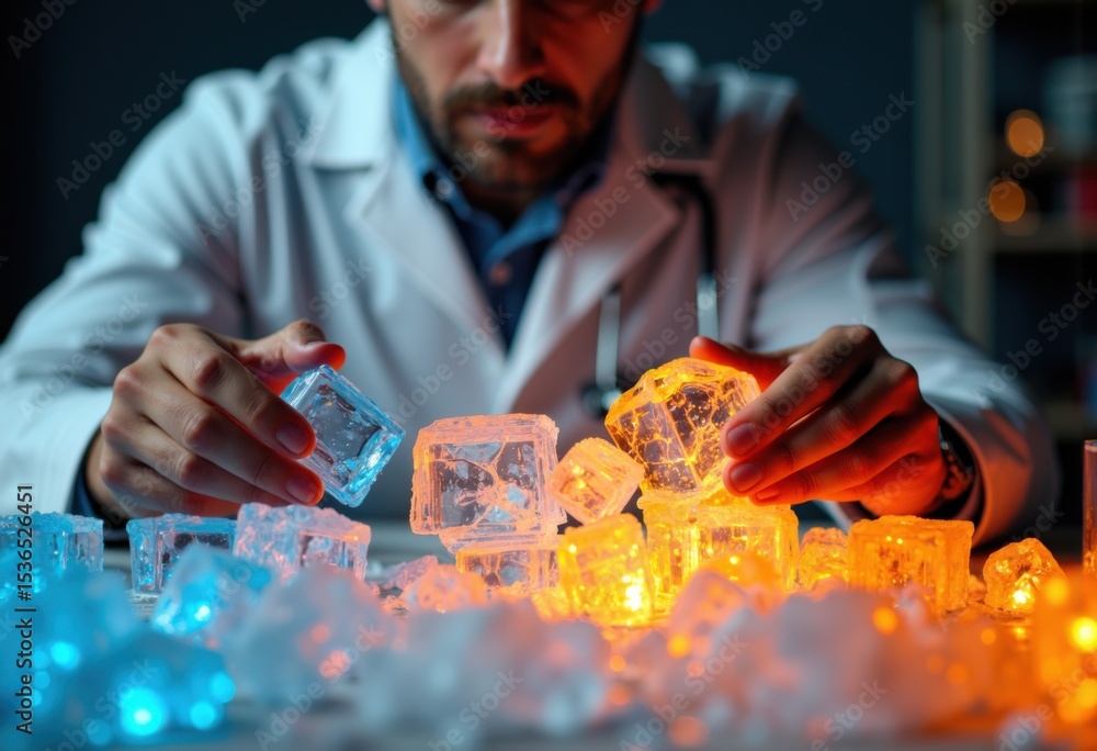 Aufkleber scientist examines illuminated ice cubes in a laboratory setting with colorful lighting