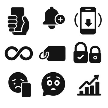 App Addiction Icons. Solid style icons of app addiction habits: phone grip icon, dopamine notification symbol, infinite scroll