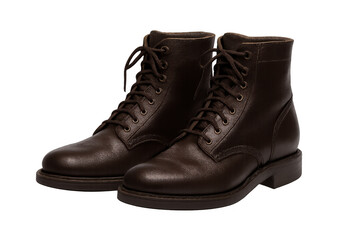 Vintage brown leather boots, lace-up design, standing against transparent backdrop, highlighting craftsmanship and timeless masculine fashion aesthetic