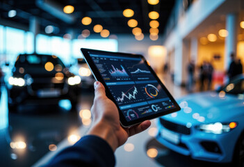 Businessperson holding a tablet with financial charts in a modern car showroom