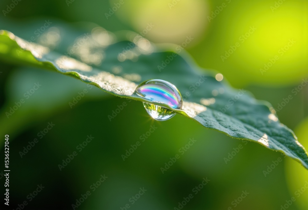 Poster close-up of a dew drop on a green leaf with sunlight creating a bokeh background