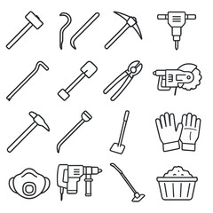 Obraz premium Demolition Tools Icons. Line style icons of demolition tools: sledgehammer, crowbar, pry bar, pickaxe, jackhammer, wrecking bar,