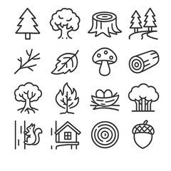 Fototapeta premium Forest Icons Line Art. Line style icons of forest and trees: pine tree, oak tree, tree stump, forest path, branch, fallen leaf,