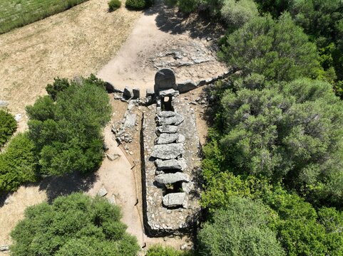 Arzachena, Sassari, Italy - 05.27.2025: Aerial view of the giants graves. tomba dei giganti, of Coddu Veccju near Arzachena, archeological site in Sardinia island