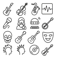 Music Genre Icons. Line style icons of music genres: rock guitar, classical violin, jazz saxophone, EDM beat, hip-hop mic, pop