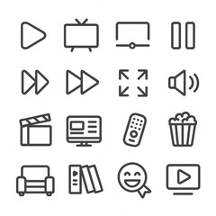 Streaming Icons Collection. Line style icons of entertainment streaming: play button, TV screen, video timeline, pause icon, fast
