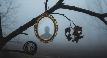 Fototapeta premium Foggy forest with vintage mirror reflecting silhouette on tree branch. Halloween theme