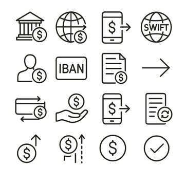Money Transfer Icons. Line style icons of money transfer: bank transfer, international payment, wire transfer, SWIFT icon,