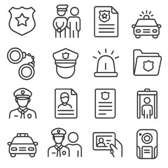 Law Enforcement Icons. Line style icons of law enforcement: police badge, arrest icon, police report, patrol icon, handcuffs,