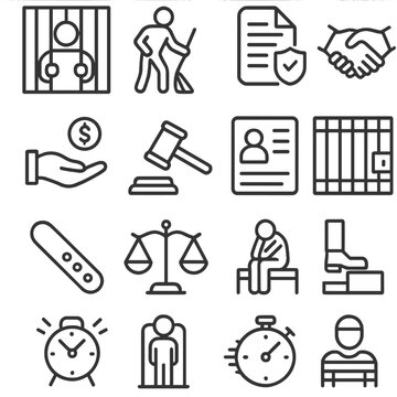 Justice Icons Collection. Line style icons of punishment and justice: prison icon, community service icon, probation paper, parole