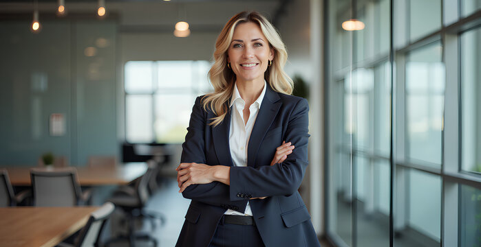 Portrait of a professional woman in a suit standing in a modern office. Mature business woman looking at the camera in a workplace meeting area	
