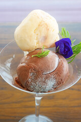 Mouthwatering Vanilla and Chocolate Ice Cream in Glass Trifle Bowl