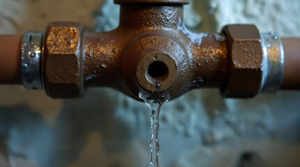 Water pipe valve with copper fittings is leaking water, showcasing the intricate details of plumbing hardware and the flow of liquid in a domestic setting