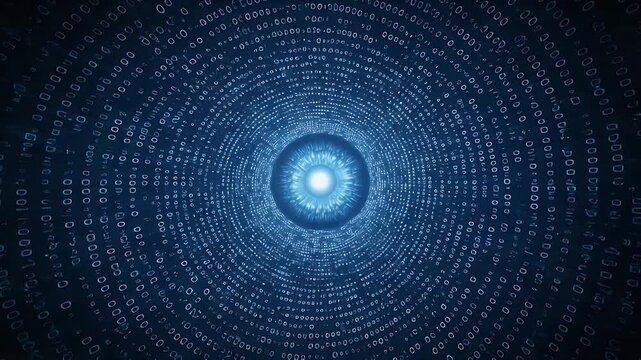 Data stream Tunnel vision of binary code converging to a light. Dark blue hue