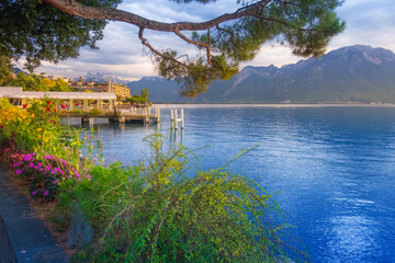 Obraz premium Flowers and Lake Geneva, Switzerland