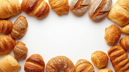 A variety of freshly baked bread and pastries form a border around a blank white background, showcasing golden-brown crusts and diverse shapes