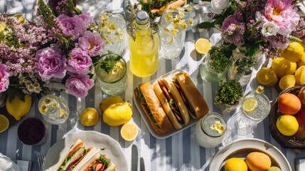 Top-down view of a Spring Bank Holiday table setup outdoors, with fresh flowers, lemonade, sandwiches, and seasonal fruits, bright natural lighting, festive and inviting