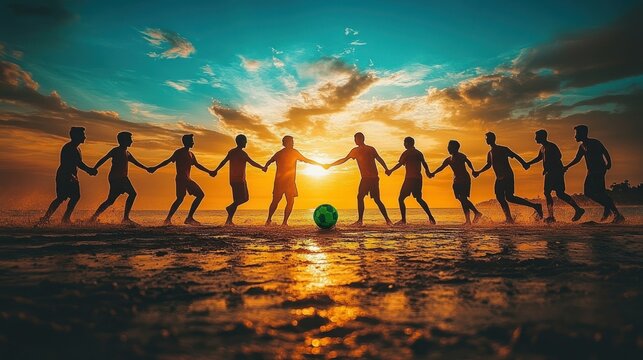 Friends enjoying sunset beach soccer
