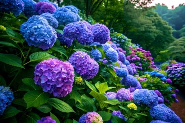 Blue and Purple Hydrangea Flowers – Lush Bloom Cluster with Delicate Petals and Green Foliage
