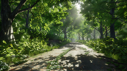 Fototapeta premium Serene Sunlit Forest Paths: Morning Light Filtering Through Lush Canopies