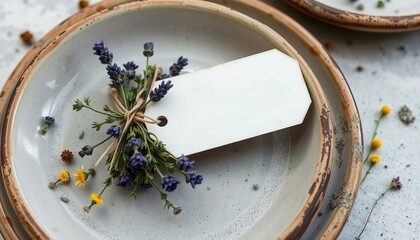 A rustic dining plate adorned with a tied lavender bundle and blank tag, surrounded by delicate floral elements presenting a natural and inviting aesthetic for gatherings or creative décor ideas.

