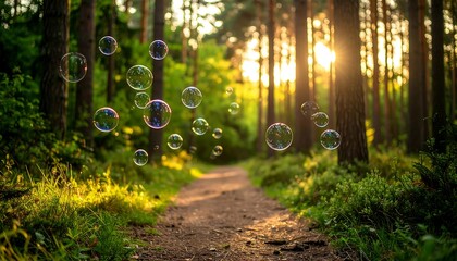 Sunlit forest path with soap bubbles