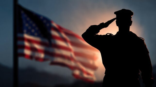 Veteran saluting in front of a war memorial, American flag waving in background, respectful and editorial image for Memorial Day honor