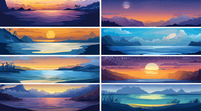 Ocean coast cartoon vector landscapes. Waves sandy beaches coastal cliffs golden sunset water rocky shore seaside palm trees surf marine tropical paradise, sunrise horizon beach lagoon islands