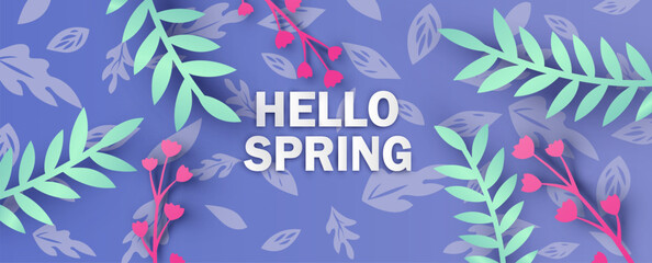 Hello Spring text decorated with flower, leaves. Hello Spring banner. paper cut and craft style. vector, illustration.