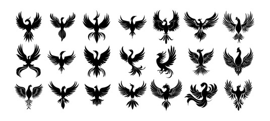Phoenix logo black ink vector set. Birds rising flames feathers wings tail plumage mythical rebirth sacred fire ancient mythology animal, isolated illustration on white background
