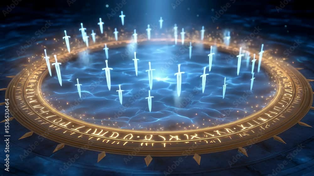Poster illuminated circular pattern with glowing blue swords surrounded by sparkling light on a dark mystic
