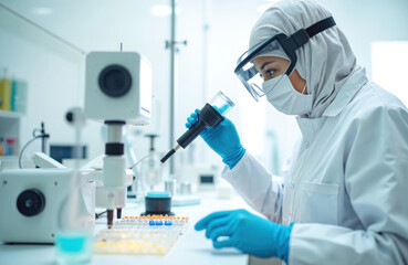 Fototapeta premium Female scientist wearing protective gear, works in laboratory. Woman studies medical device for experimental research. Lab technician using tech instrument for healthcare. Healthcare pro, science,