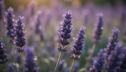 Obraz premium High-resolution macro of lavender stems with morning dew drops, shallow depth of field, natural tones