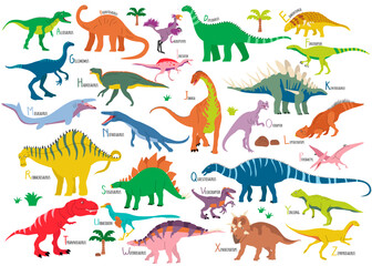 Colorful cute dinosaurs alphabet illustration