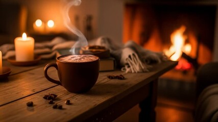 Cozy Evening: Steaming Coffee, Candles, and a Warm Fireplace Ambiance