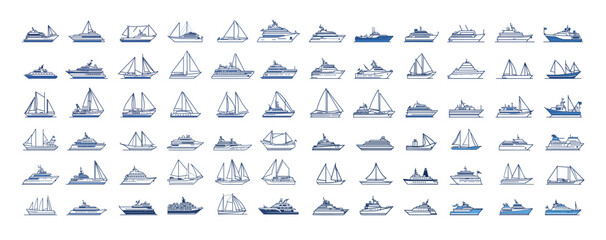 Obraz premium Sailing ships linear color icon vector set. Cargo ocean passenger civil steel vessels wooden metal navigation boats maritime container decks yachts nautical global trade transport isolated