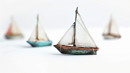Fototapeta premium Antique Toy Sailboats Sailing Peacefully on white background.PNG