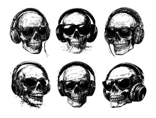 Skull wearing glasses headphones black ink sketch vector set. Undead music reaper human bone head remain death bony dj skeleton rocker punk audio rebellious spirit urban decay isolated on white