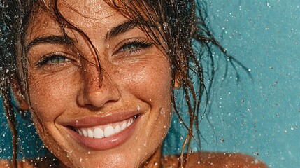 Closeup of smiling model with water splashes on face Skincare and moisturizing under blue background Beauty face concept