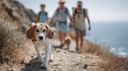 A beagle dog walks along a rocky coastal path with a group of people in the background on a sunny day, showing family outdoor adventures. Selective focus.