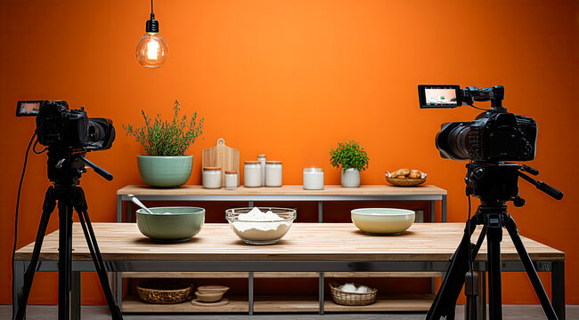 Modern kitchen setup with smartphone capturing scene of cooking ingredients like flour, eggs, milk. Perfectly organized workspace for creating recipes or food-related video tutorials.