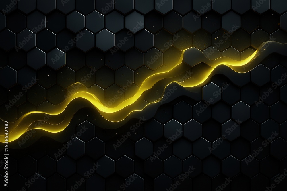 Poster wall made of hexagonal shapes with yellow lightning bolt design in center.