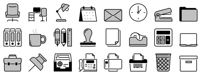 Icons in two tones about office supplies