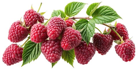 A luscious cluster of vibrant red raspberries with fresh green leaves on white