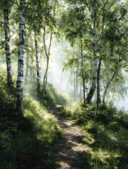 Fototapeta premium Peaceful birch forest path lit by soft sunbeams, serene summer morning