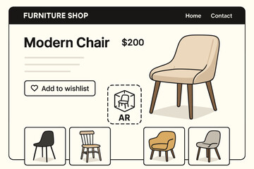 Modern Chairs Shop. Online furniture shop. Vector illustration of modern chairs, AR view option, and add to wishlist feature on