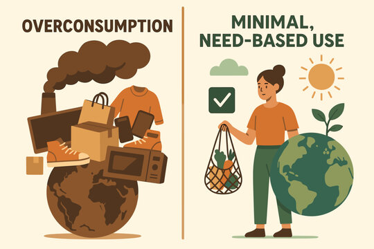 Consumption Impact Chart. Vector illustration of environmental impact chart comparing overconsumption vs. minimal, need-based use